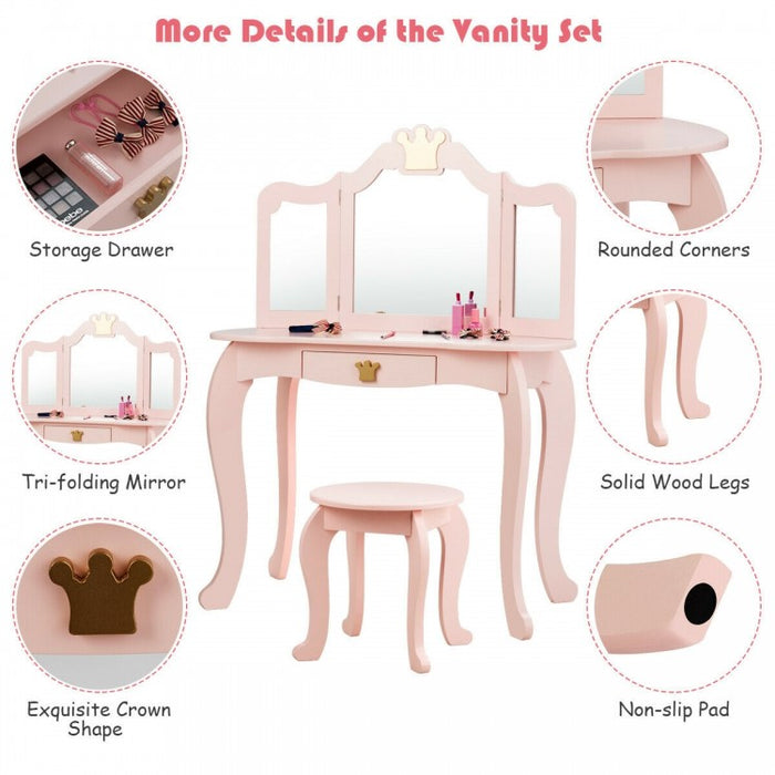 Bedroom Children's 3-Fold Mirror Vanity Dressing Table with Stool
