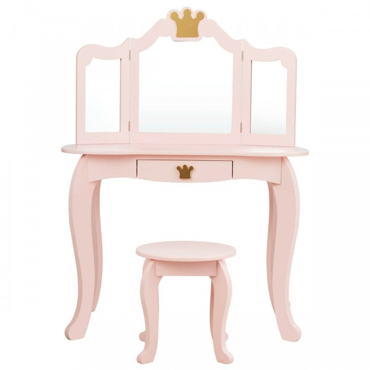 Bedroom Children's 3-Fold Mirror Vanity Dressing Table with Stool