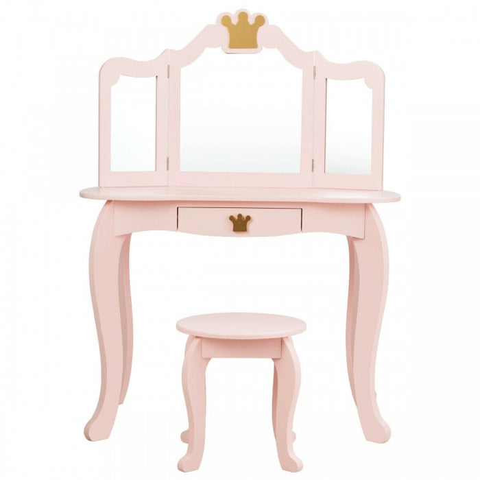Bedroom Children's 3-Fold Mirror Vanity Dressing Table with Stool