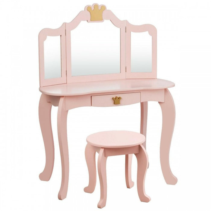 Bedroom Children's 3-Fold Mirror Vanity Dressing Table with Stool