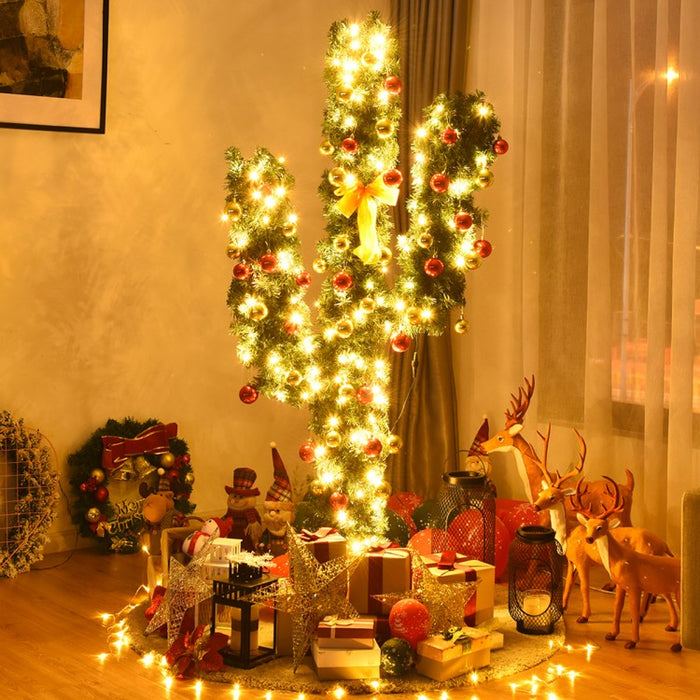 2024 Christmas Cactus Tree with Ball-Shaped Ornaments and LED Lights - Suitable for Holiday Party Decorations