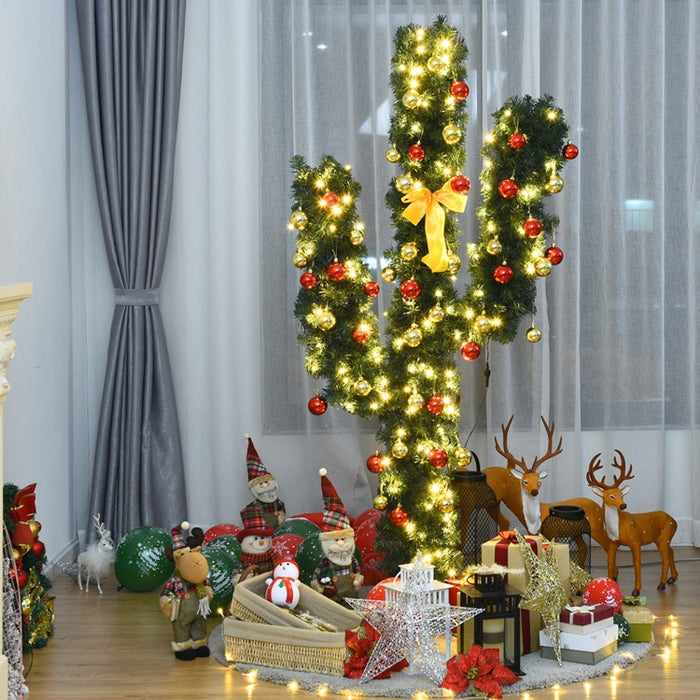 2024 Christmas Cactus Tree with Ball-Shaped Ornaments and LED Lights - Suitable for Holiday Party Decorations