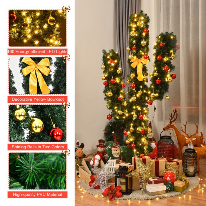 2024 Christmas Cactus Tree with Ball-Shaped Ornaments and LED Lights - Suitable for Holiday Party Decorations