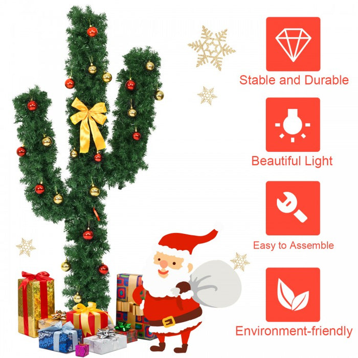 2024 Christmas Cactus Tree with Ball-Shaped Ornaments and LED Lights - Suitable for Holiday Party Decorations