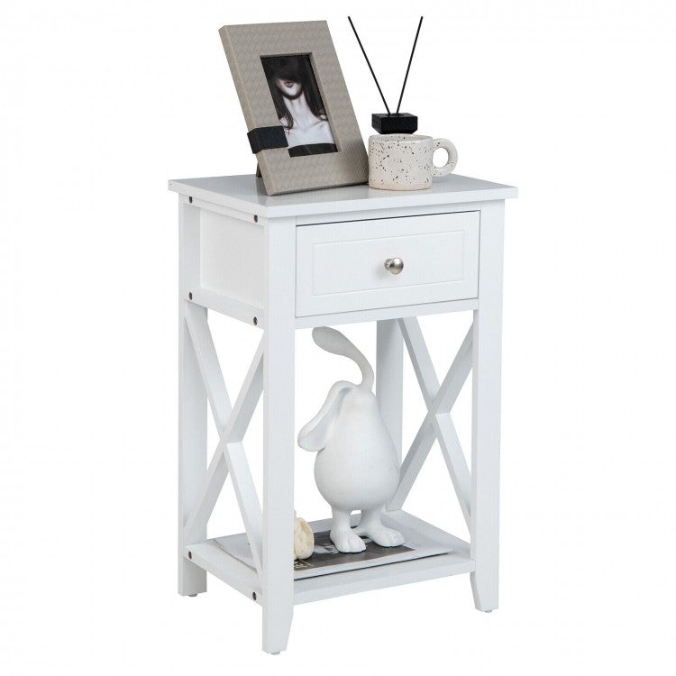 White Bedside Table with Drawers and Shelves for Bedroom and Sofa