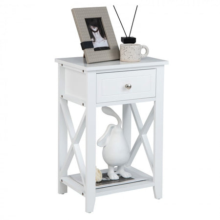 White Bedside Table with Drawers and Shelves for Bedroom and Sofa