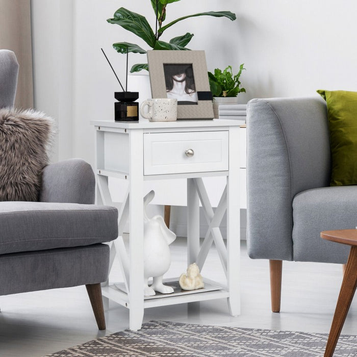 White Bedside Table with Drawers and Shelves for Bedroom and Sofa