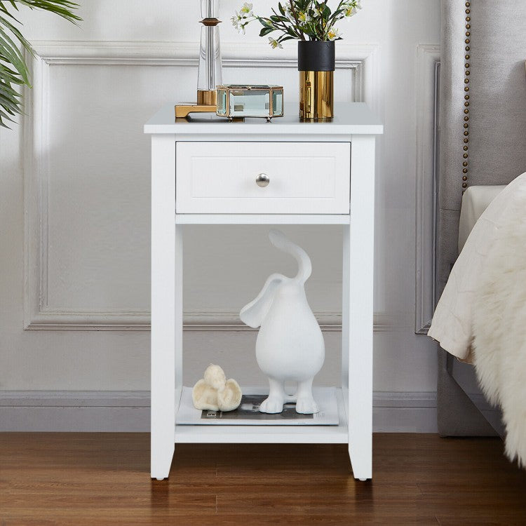 White Bedside Table with Drawers and Shelves for Bedroom and Sofa