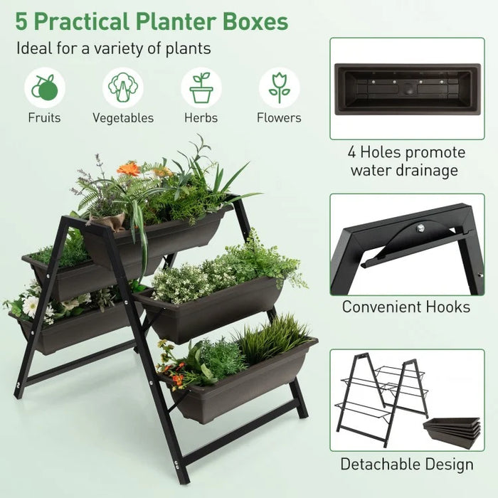 Outdoor Garden Black 3 Tier Raised Plant Bed with 5 Planter Boxes