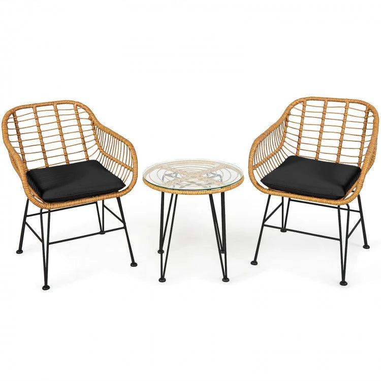 3-Piece Patio Rattan Bistro Set Coffee Table Armchair Garden Beige - Cushion
