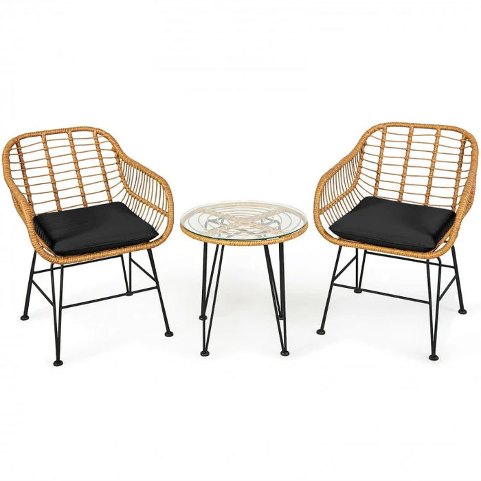 3-Piece Patio Rattan Bistro Set Coffee Table Armchair Garden Beige - Cushion