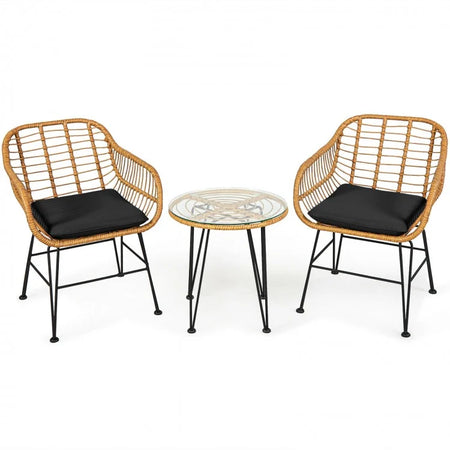3-Piece Patio Rattan Bistro Set Coffee Table Armchair Garden Beige - Cushion