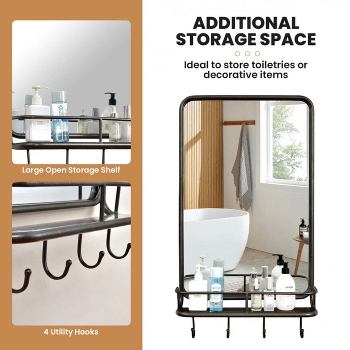 Black Wall-Mounted Bathroom Mirror with Hooks and Shelves