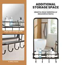 Load image into Gallery viewer, Black Wall-Mounted Bathroom Mirror with Hooks and Shelves
