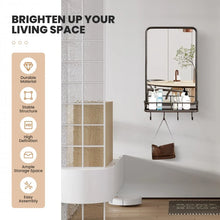 Load image into Gallery viewer, Black Wall-Mounted Bathroom Mirror with Hooks and Shelves
