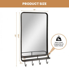 Load image into Gallery viewer, Black Wall-Mounted Bathroom Mirror with Hooks and Shelves
