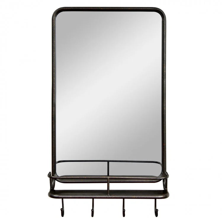Black Wall-Mounted Bathroom Mirror with Hooks and Shelves