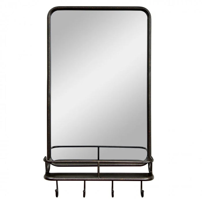 Black Wall-Mounted Bathroom Mirror with Hooks and Shelves