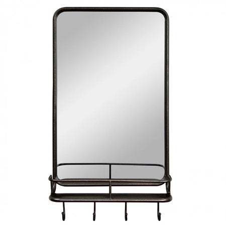Black Wall-Mounted Bathroom Mirror with Hooks and Shelves