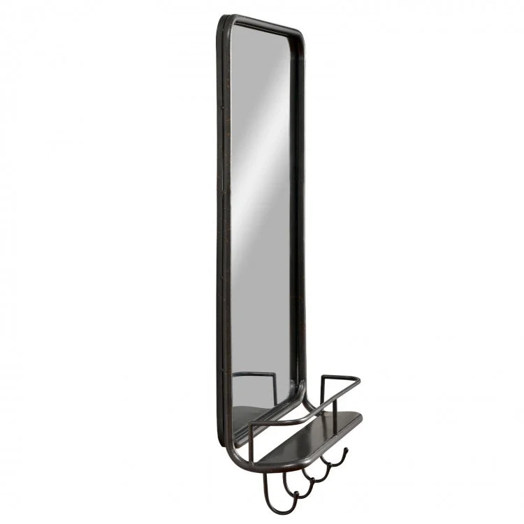 Black Wall-Mounted Bathroom Mirror with Hooks and Shelves
