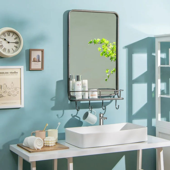 Black Wall-Mounted Bathroom Mirror with Hooks and Shelves