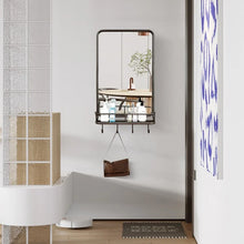 Load image into Gallery viewer, Black Wall-Mounted Bathroom Mirror with Hooks and Shelves
