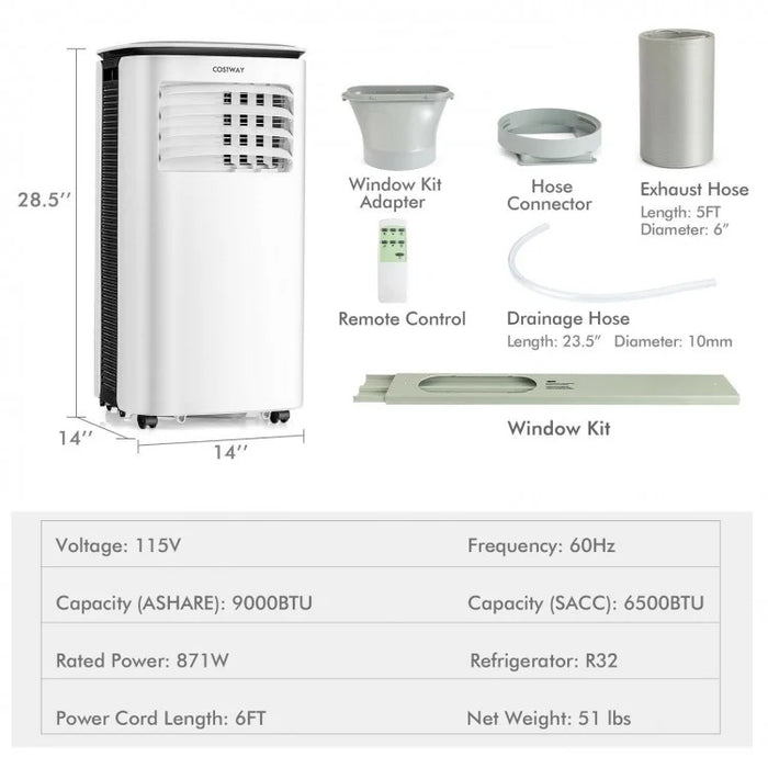 9000 BTU Costway White Portable Air Conditioner with 4-in-1 Modes