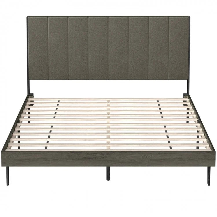 Modern Minimalist Solid Wood Upholstered Bed Frame with Headboard