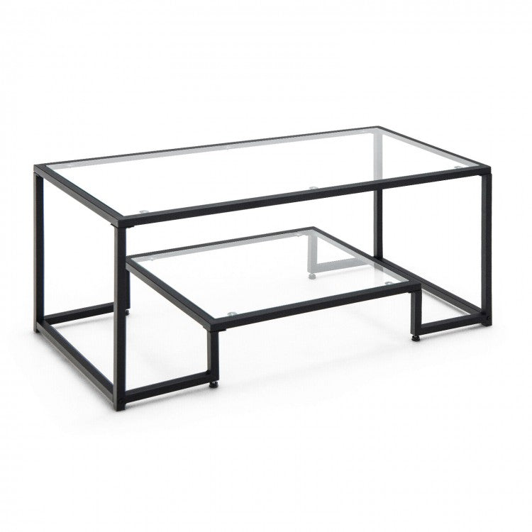 Modern Double-Layer Coffee Table with Tempered Glass Top - Suitable for Living Room and Office