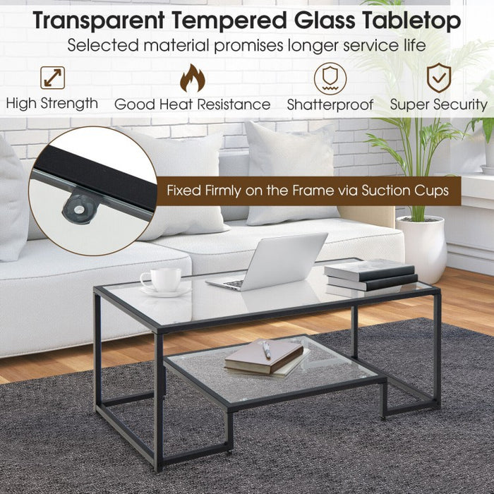 Modern Double-Layer Coffee Table with Tempered Glass Top - Suitable for Living Room and Office