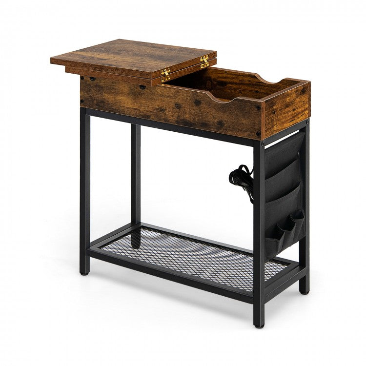 Costway Industrial Style Narrow Side Table with Charging Station - Suitable for Living Room
