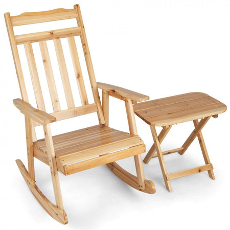 Outdoor Patio Wooden Rocking Chair Set with Folding Table