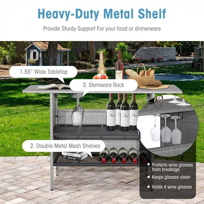 Outdoor Grey Rattan Patio Bar Table with 2-Tier Storage Shelves