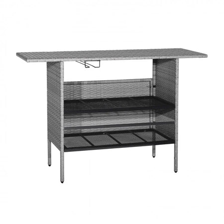 Outdoor Grey Rattan Patio Bar Table with 2-Tier Storage Shelves