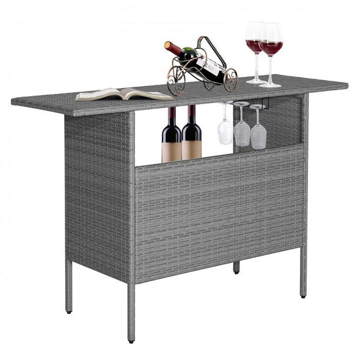 Outdoor Grey Rattan Patio Bar Table with 2-Tier Storage Shelves