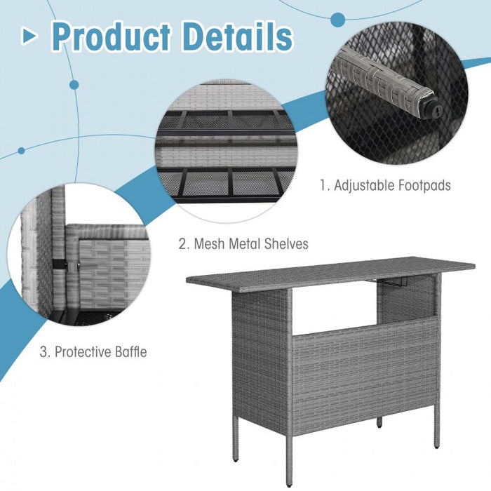 Outdoor Grey Rattan Patio Bar Table with 2-Tier Storage Shelves