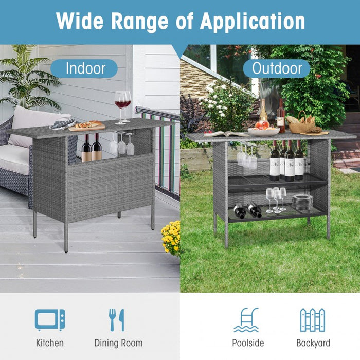 Outdoor Grey Rattan Patio Bar Table with 2-Tier Storage Shelves