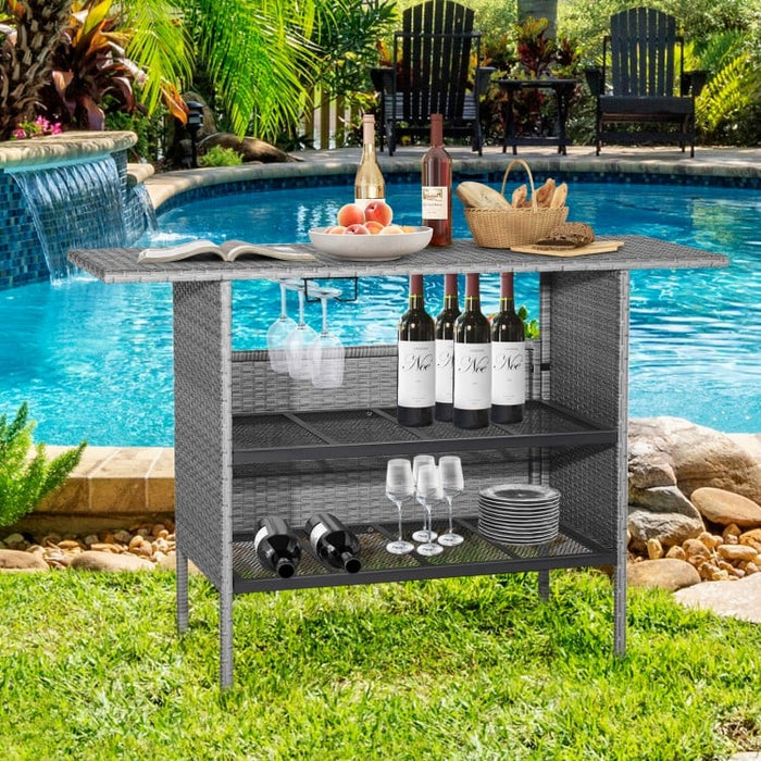 Outdoor Grey Rattan Patio Bar Table with 2-Tier Storage Shelves