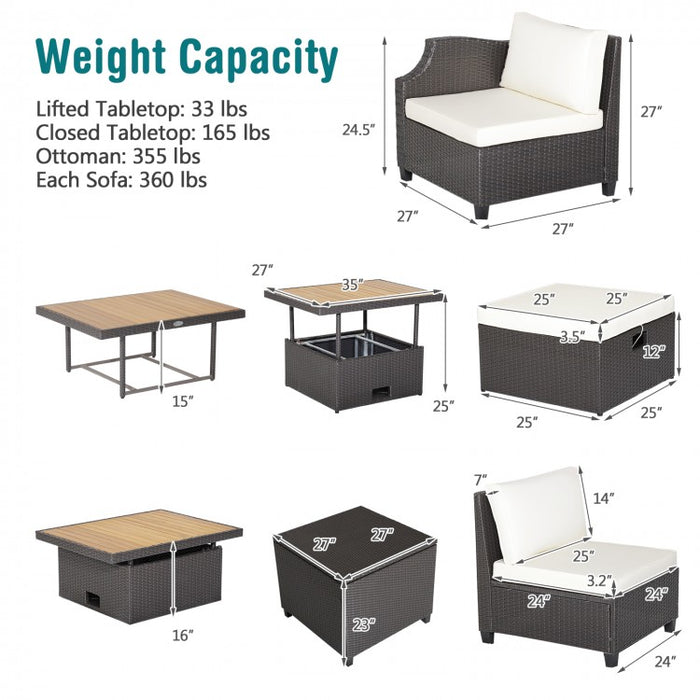 Costway White Sectional Couch 7-Piece Furniture Set with Coffee Table - Suitable for Backyard, Pool, and Garden