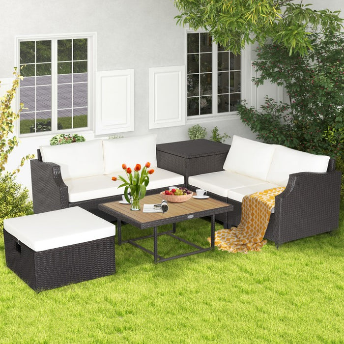 Costway White Sectional Couch 7-Piece Furniture Set with Coffee Table - Suitable for Backyard, Pool, and Garden