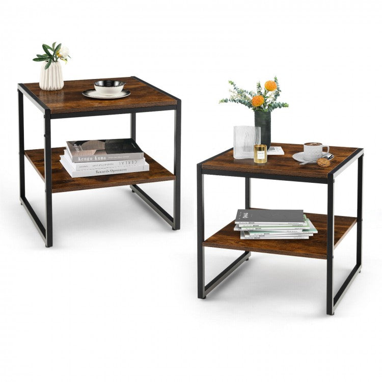 Costway Industrial Style Night Stand Side Table Set of 2 with Open Shelves - Suitable for Bedroom, Living Room, and Cafe