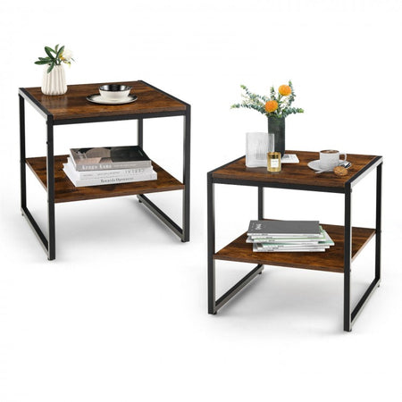 Costway Industrial Style Night Stand Side Table Set of 2 with Open Shelves - Suitable for Bedroom, Living Room, and Cafe