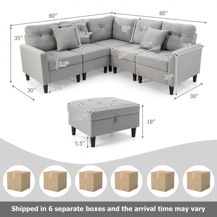 Costway L-Shaped Gray Sectional Couch Set with Storage Ottoman - Suitable for Living Room and Dormitory