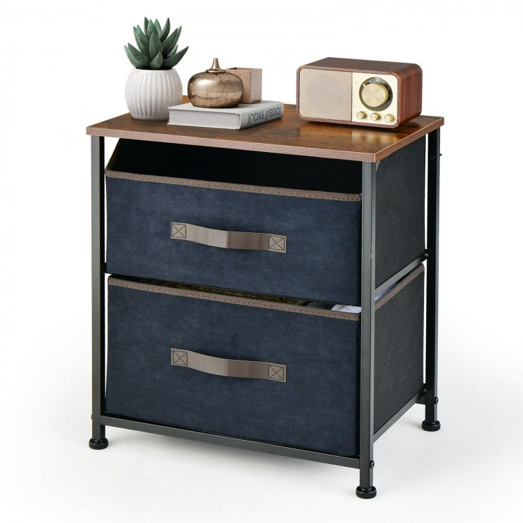 Costway Industrial Style Brown Bed Side Table with 2 Fabric Drawers - Suitable for Bedroom