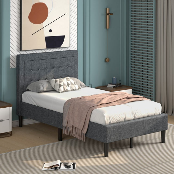 Gray Minimalist Bed Frame with Button-Tufted Headboard