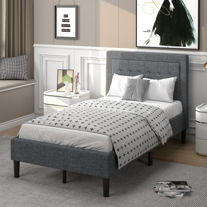 Gray Minimalist Bed Frame with Button-Tufted Headboard