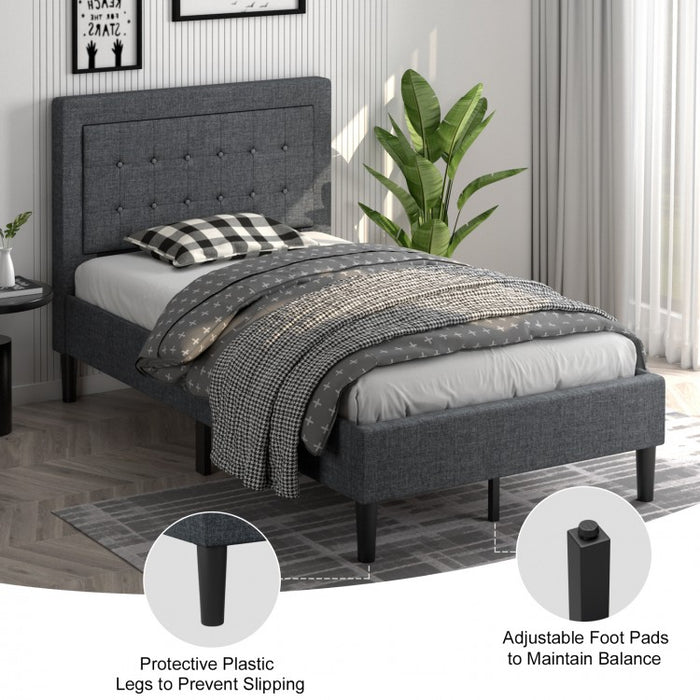 Gray Minimalist Bed Frame with Button-Tufted Headboard
