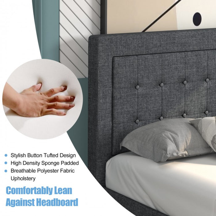 Gray Minimalist Bed Frame with Button-Tufted Headboard