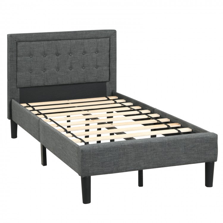 Gray Minimalist Bed Frame with Button-Tufted Headboard