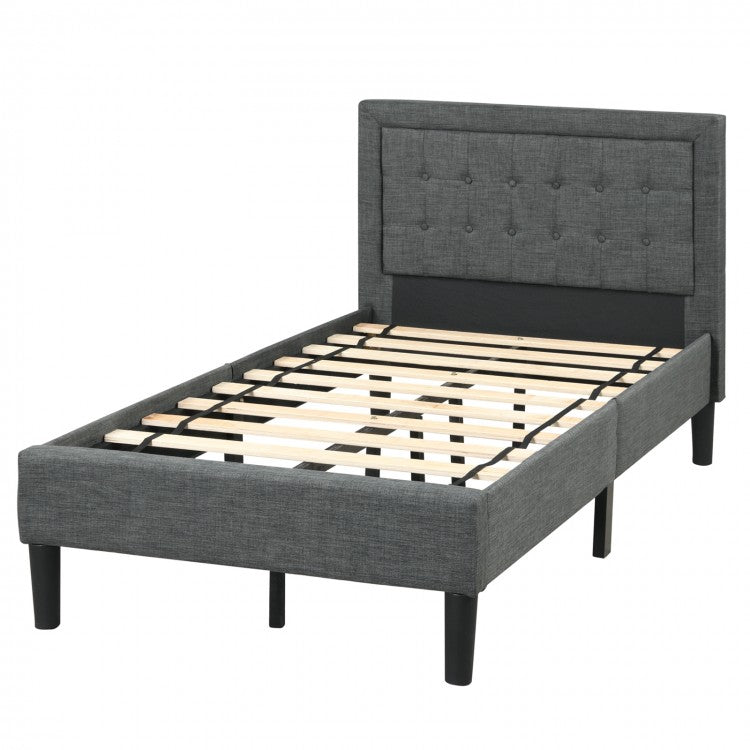 Gray Minimalist Bed Frame with Button-Tufted Headboard